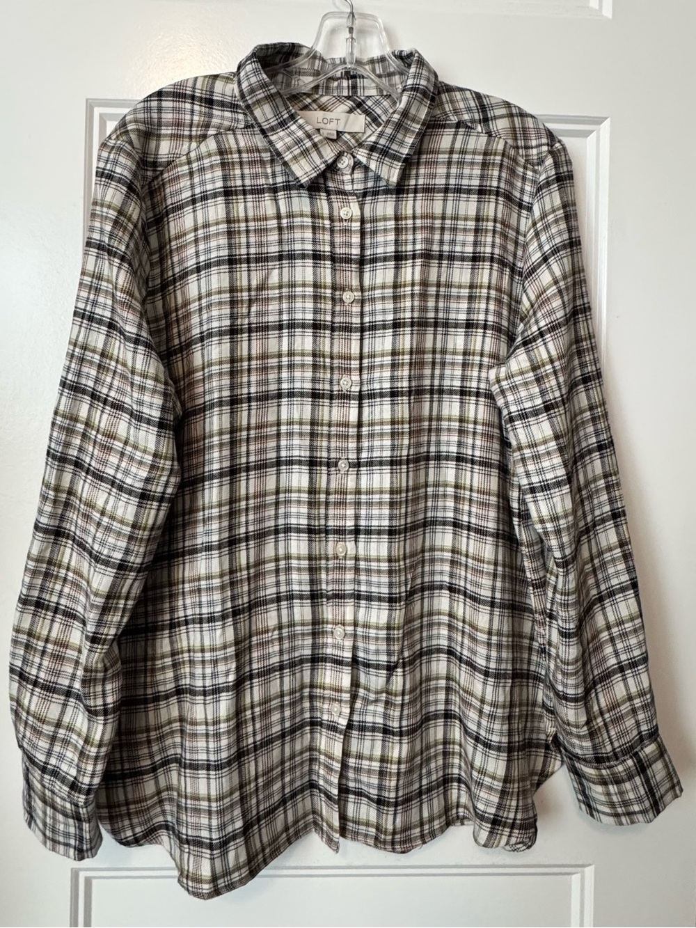 NWT LOFT Plaid Flannel Button Front Shirt Women's Large Neutral Cottagecore